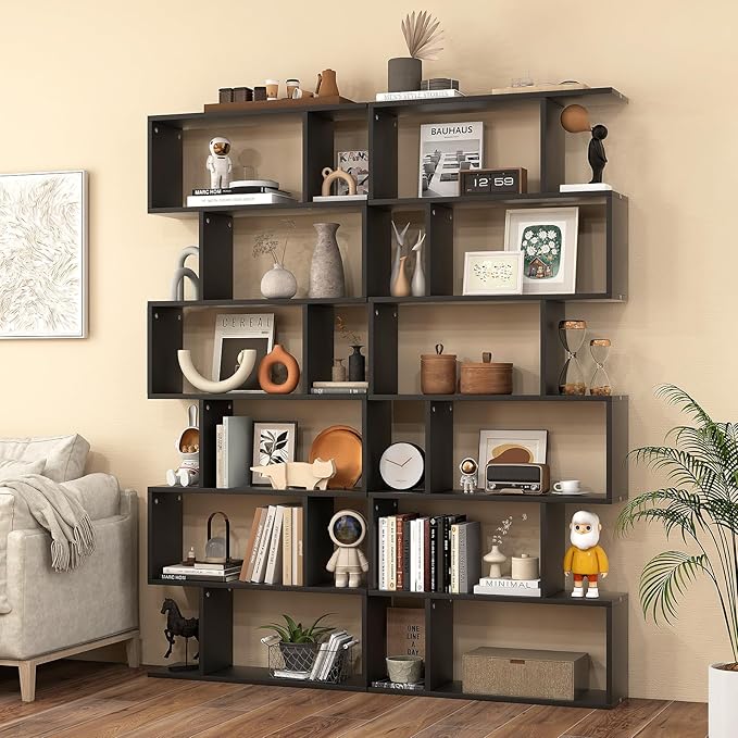 6 Tier Geometric Bookcase, S Shaped Bookshelf, Book Shelf Room Divider, Wood Freestanding Display Shelves, 75 Inch Staggered Bookshelf for Bedroom Living Room (2, Black)