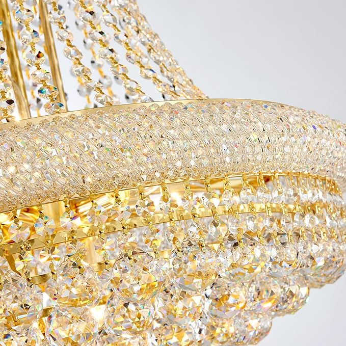 19-Lights Gold Large Crystal Chandelier Light Fixture, 3-Layer Luxury Empire Chandeliers Modern High Ceiling Hanging Chandelier for Living Room,Foyer,Staircase,Entryway (Gold,D31.5 x H47)
