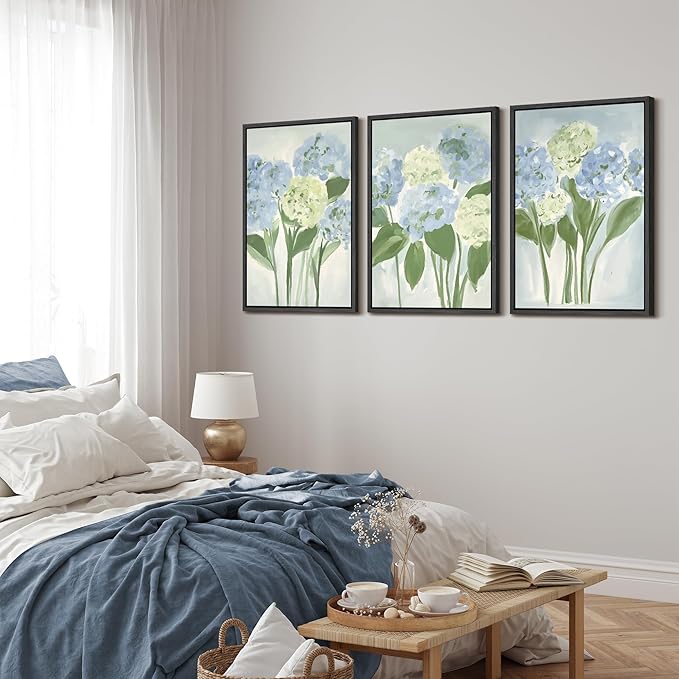 MUDECOR Framed Wall Art Print Set Blue Hydrangea Floral Botanical with Green Leaves Illustrations Modern Art Boho Decorative Colorful Chic for Living Room, Bedroom, Office - 16"x24"x3 Black