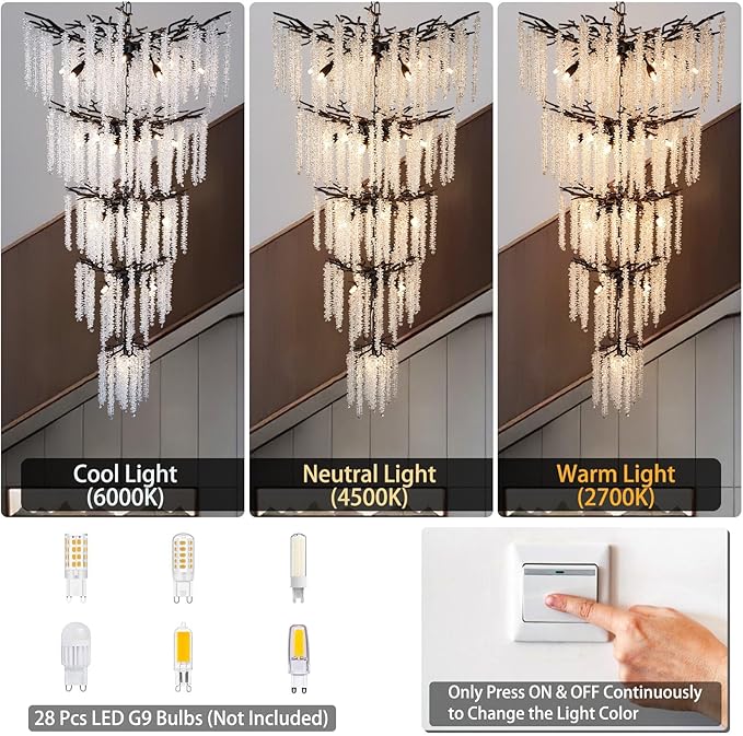 118'' Black Branch High Ceiling Chandelier, 28-Light Modern Long Tree Chandeliers, 3CCT Dimmable, Large Luxury Foyer Chandelier, Raindrop K9 Crystals Fixtures for Staircase, Entryway, Living Room