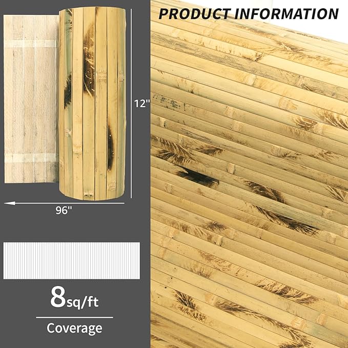 Art3d Natural Bamboo Wall Panel for Interior Wall Decor, Renewable Pole Wrap Wainscoting Paneling for Wall Ceiling Furniture Cabinet Office, 12 x 96 Inch - Light Burned