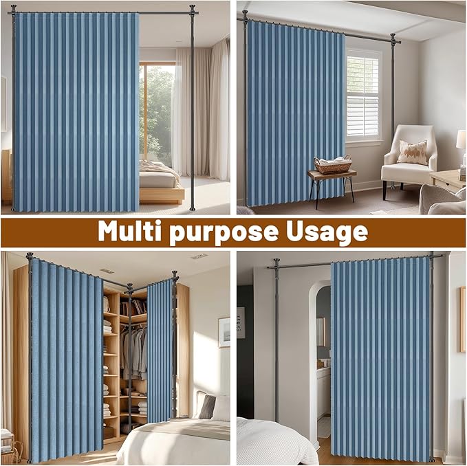 AJAZZ Room Divider Curtain (2 Panels, Blue, W100 x L96 in)+ Tension Curtain Rod No Drilling (H) 43-120×(W) 35-200 in, for Privacy/Soundproof Curtains, Heavy Duty Wall Separator