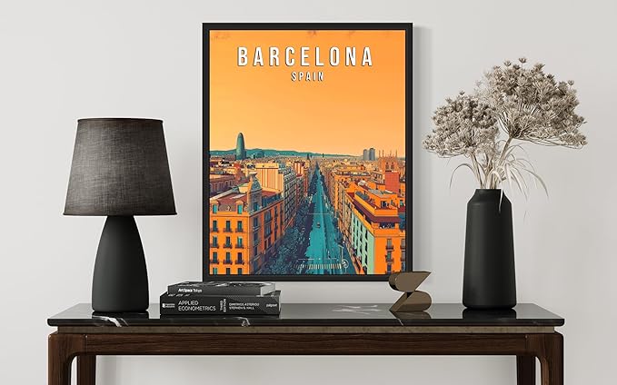 Barcelona City Spain Wall Art Poster Print, Vintage Retro Landscape Scenery Painting Artwork Travel Prints Decor Cityscape Landmarks Gallery 27 (Barcelona City Spain, 24 x 36 inches, Black Frame)