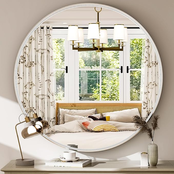 32 Inch Silver Round Wall Mounted Circle Mirror with Metal Frame - Modern Mirror Suitable for Bathroom, Vanity, Entryway, Living Room, Wall Decor