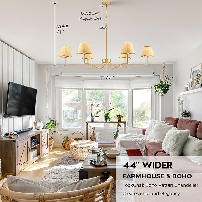 6 Light Boho Rattan Chandelier 44'' Brass Gold Chandelier Light Fixture Hand Woven Dining Room Chandeliers for Entryway Bedroom Living Room Bathroom