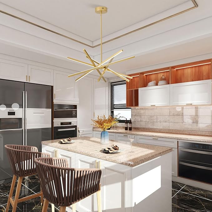 Modern Gold Chandelier Light Fixtures - LED 6-Lights Dining Room Linear Chandeliers Pendant Lights Fixture Over Table 3000K 4500K 6000K 3-Color Dimmable for Kitchen Island Living Room