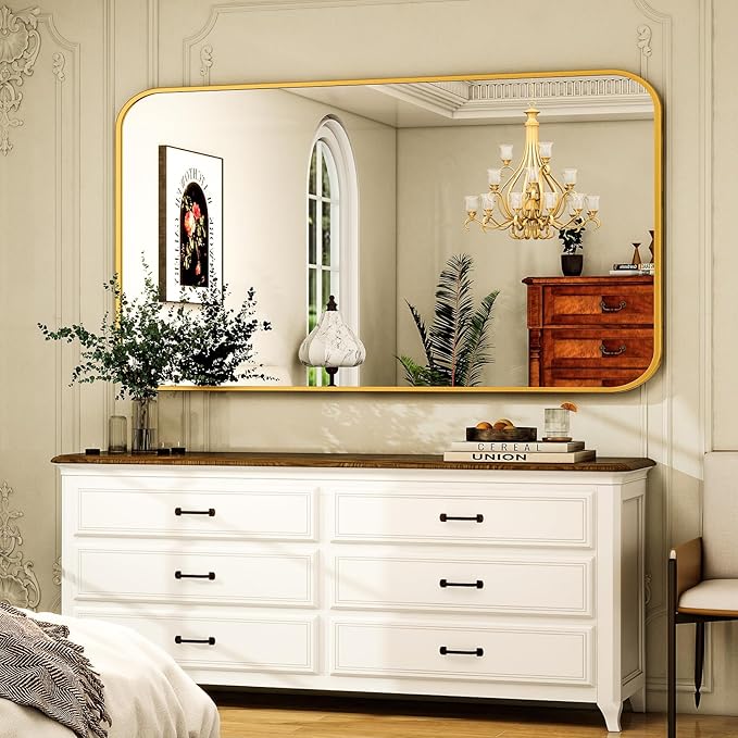 30 x 48 Inch Bathroom Mirror, Rounded Rectangular Vanity Mirror for Wall, Modern Mirror for Room Decor, Gold Framed Wall-Mounted Mirrors for Home Decor, Hangs Horizontally or Vertically