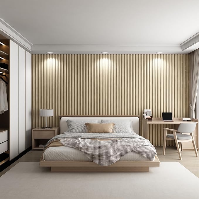 8-Pack WPC Wall Panels 118’’ x 6.1’’ 3D Slat Wall Panel Acoustic Wall Paneling for Interior Wall Decor TV Background Kitchen Bedroom Natural Wood