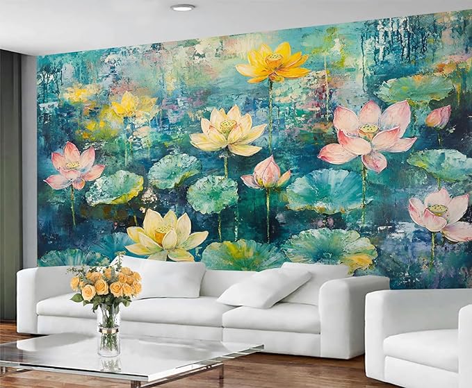 Lotus Flowers Mural Wallpaper, Watercolor Flowers Murals, Modern Simple Wall Art Murals Wallpaper for Living Room Bedroom Home Decor Mural - 55" W x 28" H (Not Peel Stick)