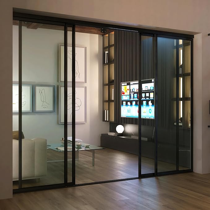4 Panel Glass Room Divider and Sliding Glass Closet Doors - Smoked Frosted Partition Wall - Clear, Smoked and Frosted Glass Sliding Doors Options (Clear Glass, 96x80)
