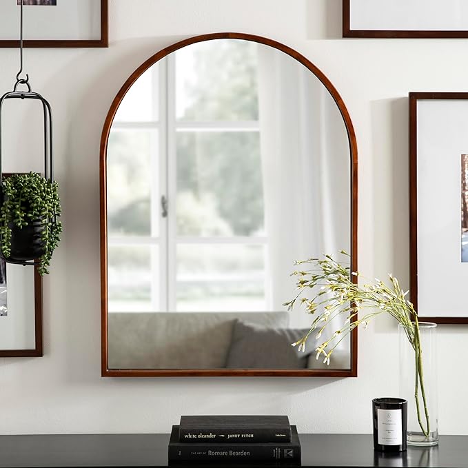 Kate and Laurel Valenti Mid-Century Modern Arched Wall Mirror; 24 x 32; Walnut Brown; Sophisticated Modern Arch Mirror for Use as Bathroom Mirror for Vanity or Fireplace Mantel Mirror