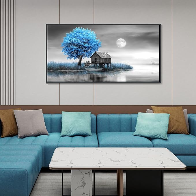 JEAWA Framed Canvas Wall Art Decor - Blue Gray Wall Art for Bedroom Living Room Home Office, Winter Landscape Wall Art Canvas Paintings, Moon Pictures Wall Decor, Tree Art Wall Decor, 24x48 IN