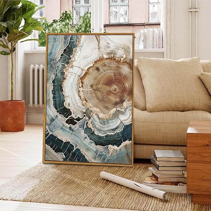 BingruiArt Large Framed Tree Ring Wall Art Wood Canvas Colorful Boho Wall Decor Rustic Artwork Abstract Painting Farmhouse Picture Nature Print for Living Room Bedroom Bathroom 24"x36" Natural Framed(06)