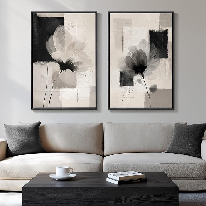 Large Framed Neutral Abstract Floral Wall Art, Set of 2 Black and Beige Modern Canvas Prints Paintings Artwork for Walls, Minimalist Pictures for Living Room, Dining Room, Bedroom Wall Decor 24x36 In