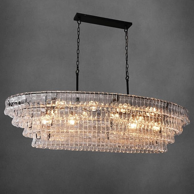 65 Inch Large Rectangular Black Chandelier for Dining Room, Clear Glass Drum Modern Pendant Light Fixture, Extra Long Kitchen Island Lighting