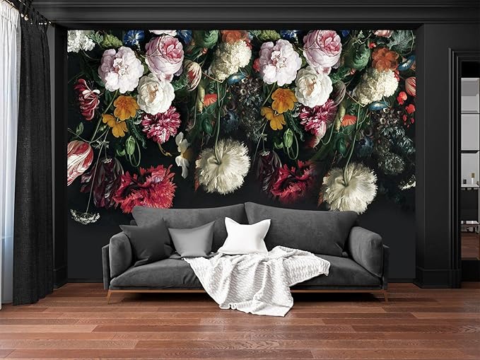 Cliouar-Flower Rose Tropical Plants Black Wallpaper Mural Bedroom Living Room Decor 158" x 110" (Not Self-Adhesive)