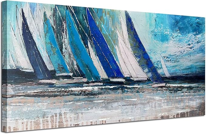 Arjun Blue Abstract Wall Art Canvas for Living Room Teal Ocean Sailboat Textured Bedroom Picture Modern Turquoise Coastal Nautical Painting Large Framed Artwork Home Office Wall Decor, 48"x24"