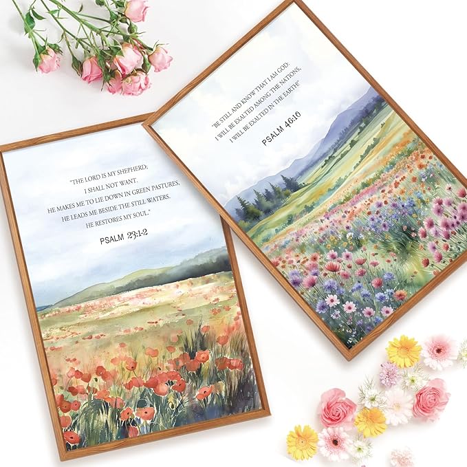 CHDITB Framed Canvas Art Print, Nature Flowers Christian Wall Decor, Floral Spiritual Scripture Wall Painting, Vintage Church Biblical Verses Art Prints for Zen Room Yoga Room Decor 16"x24"x3