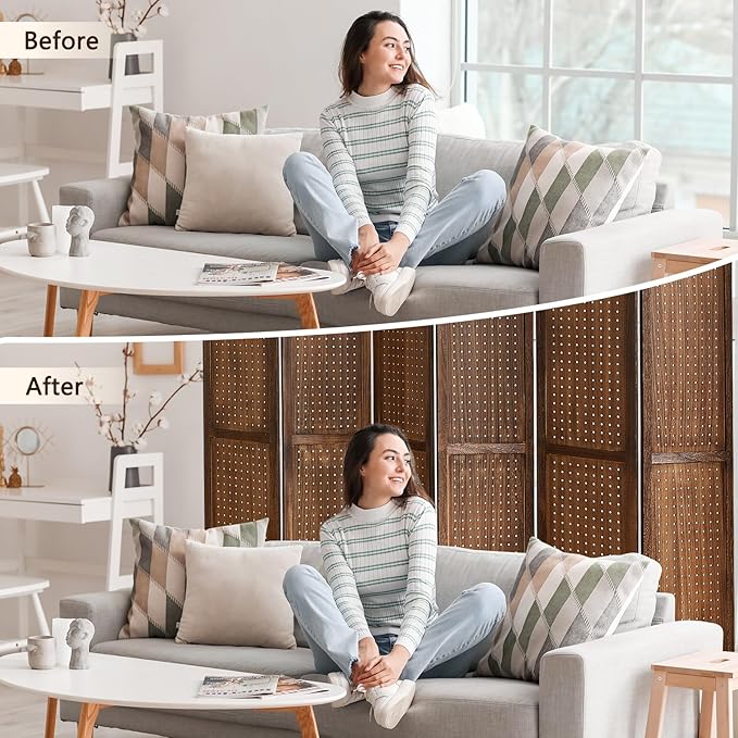 6 Panel Pegboard Display with 24 Hooks,Partition Room dividers, Wooden Room Divider Wall and Folding Privacy Screens, Pegboard Room Divider, Bedroom, Balcony, Dark Brown