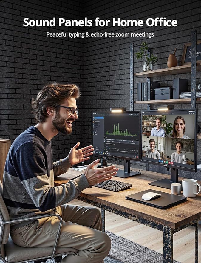 Acoustic Wall Panels, Brick Pattern Peel and Stick Sound Absorbing Panel for Ceiling, Door, Pared, 12 Pack 12"x12"x0.4", Dark Grey Decorative Self Adhesive Wall Tiles for Recording Studio, Room