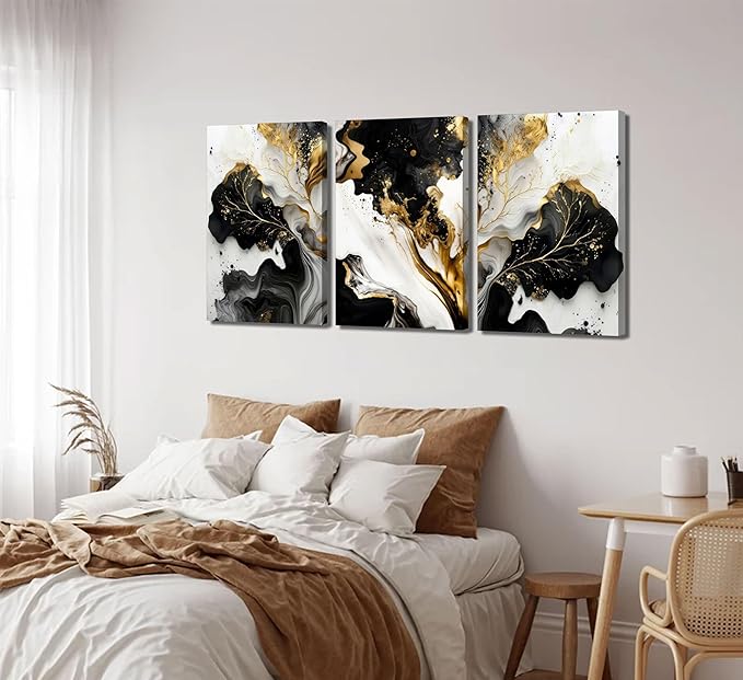 3Pcs Abstract Marble Canvas Wall Art Picture Black White Gold Texture Poster Print Modern Painting Wall Decor for Bedroom Living Room Office 16x24in Framed