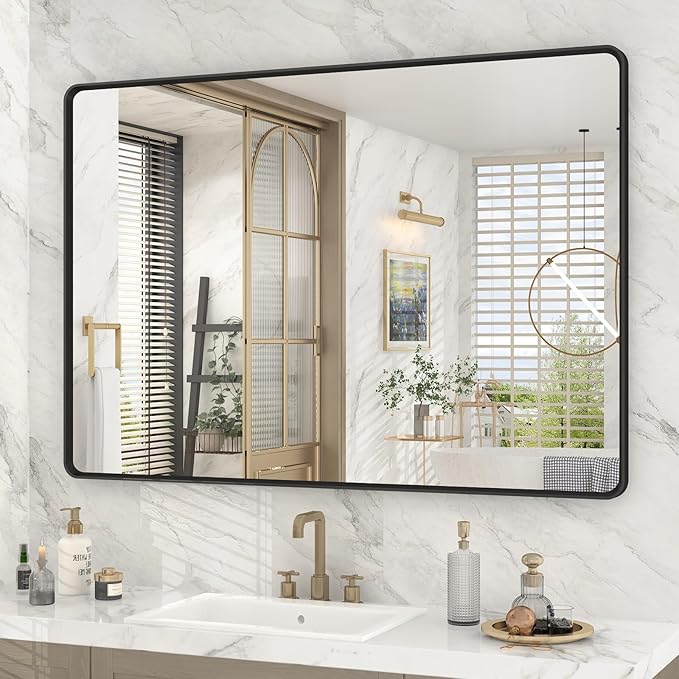 OKPAL 44X30 Inch Black Bathroom Mirror for Wall, Bathroom Vanity Frame Mirror, Matte Black Rectangle Mirror, Round Corner, Rustproof, Shatter-Proof (Horizontal/Vertical)