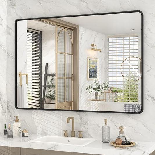 OKPAL 44X30 Inch Black Bathroom Mirror for Wall, Bathroom Vanity Frame Mirror, Matte Black Rectangle Mirror, Round Corner, Rustproof, Shatter-Proof (Horizontal/Vertical)