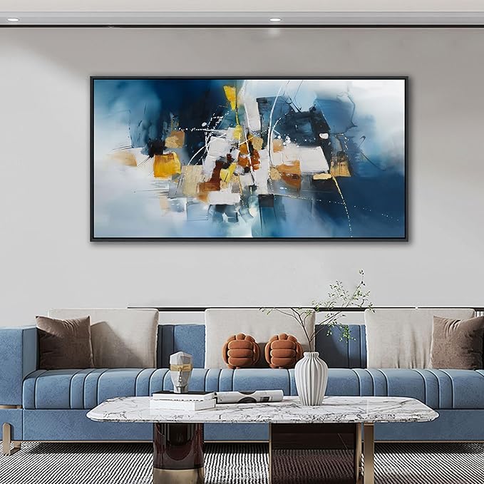 Abstract Canvas Wall Art Navy Blue Wall Art for Living Room Framed Modern Artwork for Walls, Above Bed Wall Decor Navy and Gold for Bedroom and Living Room Office Pictures Wall Decor 24×48IN