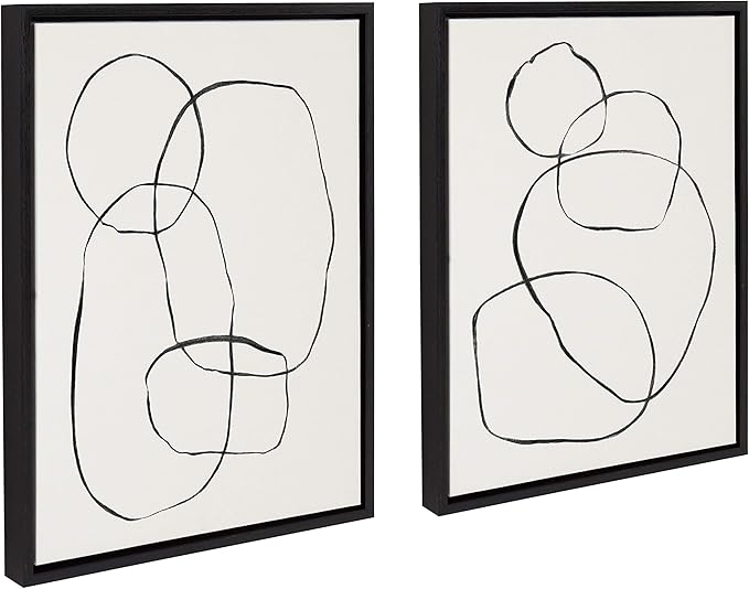 Kate and Laurel Sylvie Modern Circles and Going in Circles Framed Linen Textured Canvas Wall Art by Teju Reval, 2 Piece 18x24 Minimalist Abstract Black