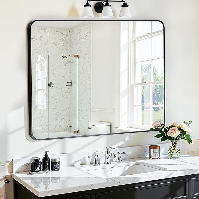 Antok Wall Mirror, 30"x40" Bathroom Vanity Mirror, Anti-Rust HD Tempered Glass, Wall Mounted Mirrors for Living Room, Entryway, Black Frame, Rect