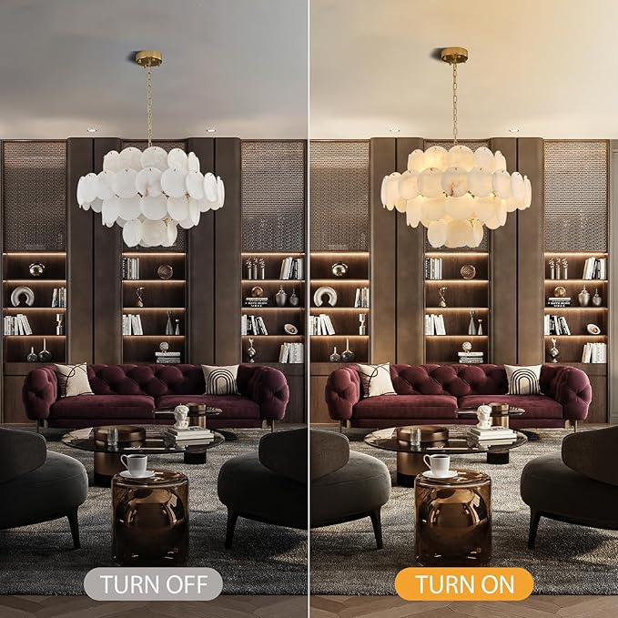 Natural Alabaster Round Chandelier, 31.5" Modern Marble Chandelier with 50 Stone Texture Panels, 12-Light Dimmable Spanish Alabaster Chandeliers for Living Room, Dining Room, Hallway