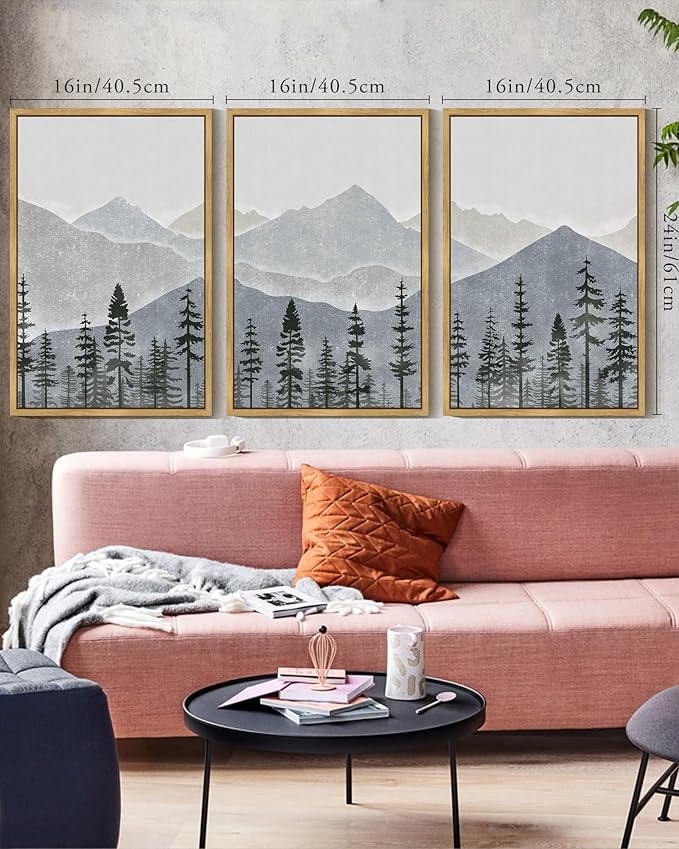 KUVIOKE Mountain Landscape Framed Wall Art Watercolor Nature Forest Painting Boho Farmhouse Rustic Home Decor 16x24in (Natural Framed)