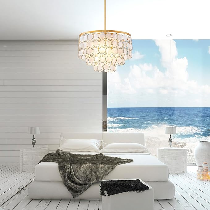 4-Lights Capiz Shell Chandelier, Coastal Design Pendant Light Fixture, for Kitchen, Dining Room, Bedroom, Gold Finish, D16.5 * H20~50 Inch Adjustable Height