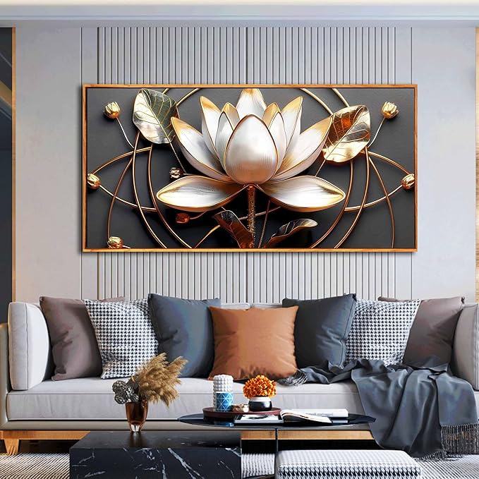 Lotus Flower Wall Art for Living Room, Floral Canvas Wall Decor for Bedroom, Black White and Gold Picture Print, Large Size 59 x 29 Inches Framed