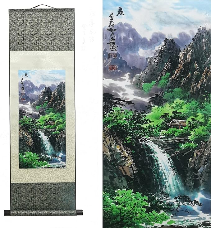 AtfArt Asian Wall Decor - Beautiful Silk Scroll Painting of Four Seasons Landscape - Summer, Autumn, Winter-Spring - Oriental Decor - Chinese Art - 36.2 x 12in