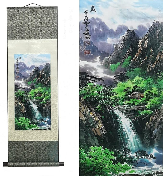 AtfArt Asian Wall Decor - Beautiful Silk Scroll Painting of Four Seasons Landscape - Summer, Autumn, Winter-Spring - Oriental Decor - Chinese Art - 36.2 x 12in