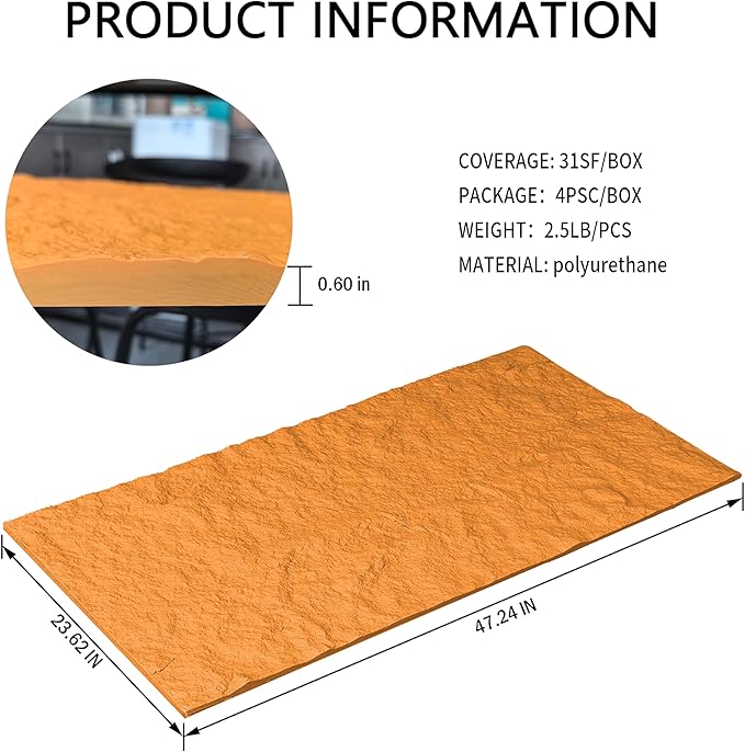 4PCS PU Wall Panels Stone Texture for Interior Wall Decor|3D Wall Panels with Orange Stone Texture|47.24"*23.62" (Orange)