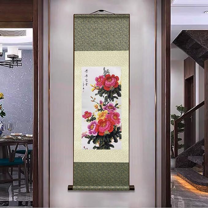 AtfArt Asian Wall Decor Beautiful Silk Scroll Painting Flower - Prosperity - Enjoy Honor and Distinction Oriental Decor Chinese Art Wall Scroll Wall Hanging Painting Scroll (39 x 12 in)