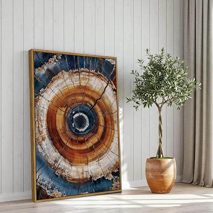 BingruiArt Large Framed Tree Ring Wall Art Wood Canvas Colorful Boho Wall Decor Rustic Artwork Abstract Painting Farmhouse Picture Nature Print for Living Room Bedroom Bathroom 24"x36" Natural Framed(05)
