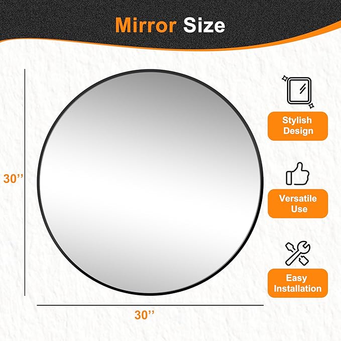 Black Bathroom Mirrors for Wall,30'' Round Circle Mirror for Entryway Bedroom Vanity Frame Mirror(30'',Black)