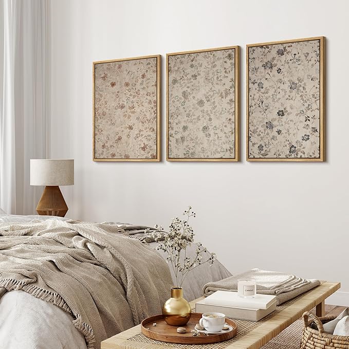 MUDECOR Framed Wall Art Print Set Vintage Floral Botanical in Neutral Tones Illustrations Realism Decorative for Living Room, Bedroom, Office - 16"x24"x3 Natural