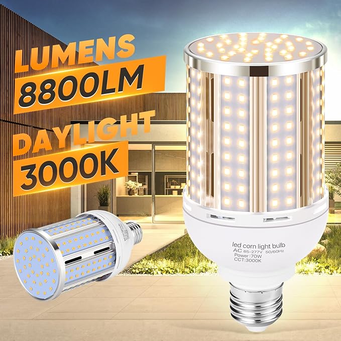70W LED Corn Light Bulb(2 Pack),(700 Watt Equivalent) Fanless E26/E39 Medium/Large Mogul Base LED Cob Lamp 3000K Warm white 8,800LM for Outdoor Indoor Garage Warehouse Factory Workshop Street Backyard