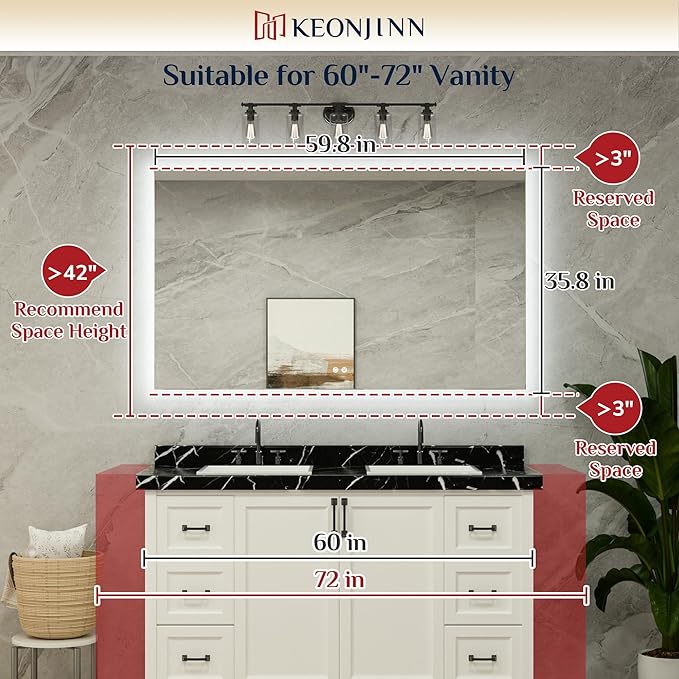 Keonjinn Bathroom Mirror with Lights 60 x 36 Inch, LED Mirror with Backlit, Anti Fog Lighted Mirror with Stepless Dimmable, UL Listed LED Driver, Waterproof, CRI90+, HD Tempered Glass