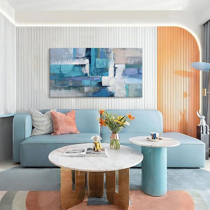 AJAZIKO Blue Wall Art Modern Wall Art for Living Room - Blue Abstract Canvas Wall Art - Ideal for Bedroom, Office Decor, Artwork for Wall Decor, Large Pictures for Living Room 24×48IN