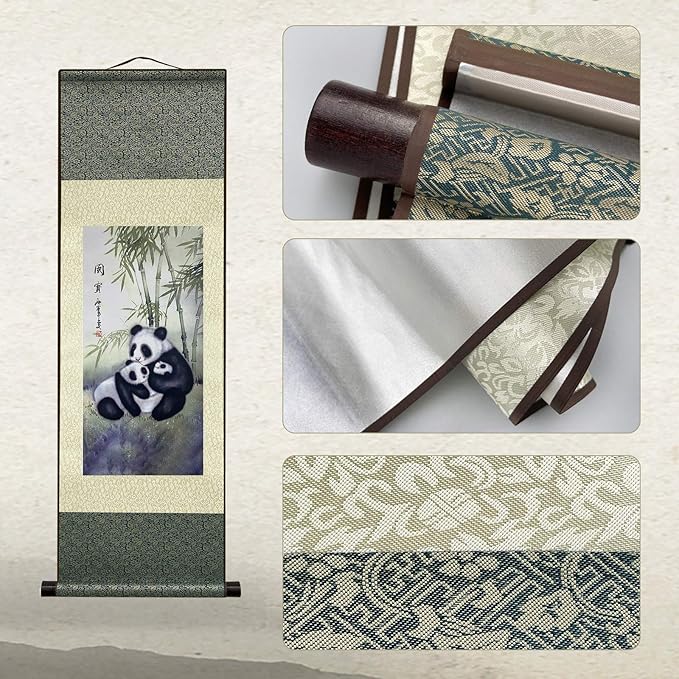 AtfArt Asian Wall Decor Beautiful Silk Scroll Painting Chinese Panda National Treasure Oriental Decor Chinese Art Wall Scroll Wall Hanging Painting Scroll (36.2 x 12 in)