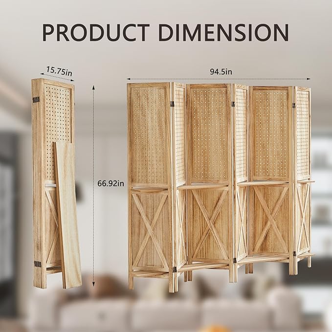 6 Panel Pegboard Room Divider with Shelves, Wood Room Divider and Folding Privacy Screen, Peg Board Display Stand Wall Divider for Room Separation for Craft Shows Events Retail, Natural