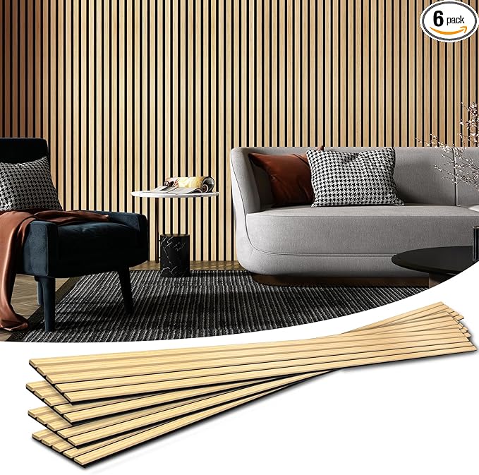 Art3d 6-Piece Wood Slat Acoustic Panels for Stylish Decor and Noise Reduction, 3D Textured Panel for Ceiling and Wall, Oak