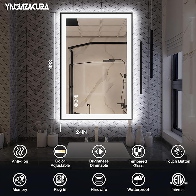 LED Bathroom Mirror 24x36 with Backlit and Front Lighted, Framed Dimmable Illuminated Mirror for Wall Anti-Fog Shatterproof (Horizontal/Vertical)…