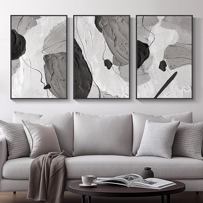 Large Framed Black and White Gray Abstract Canvas Wall Art, Set of 3 Piece Contemporary Paintings Artwork for Walls, Modern Minimalist Prints Pictures for Living Room Hallway Office Wall Decor, Total 30x60 Inch