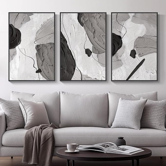 Large Framed Black and White Gray Abstract Canvas Wall Art, Set of 3 Piece Contemporary Paintings Artwork for Walls, Modern Minimalist Prints Pictures for Living Room Hallway Office Wall Decor, Total 30x60 Inch